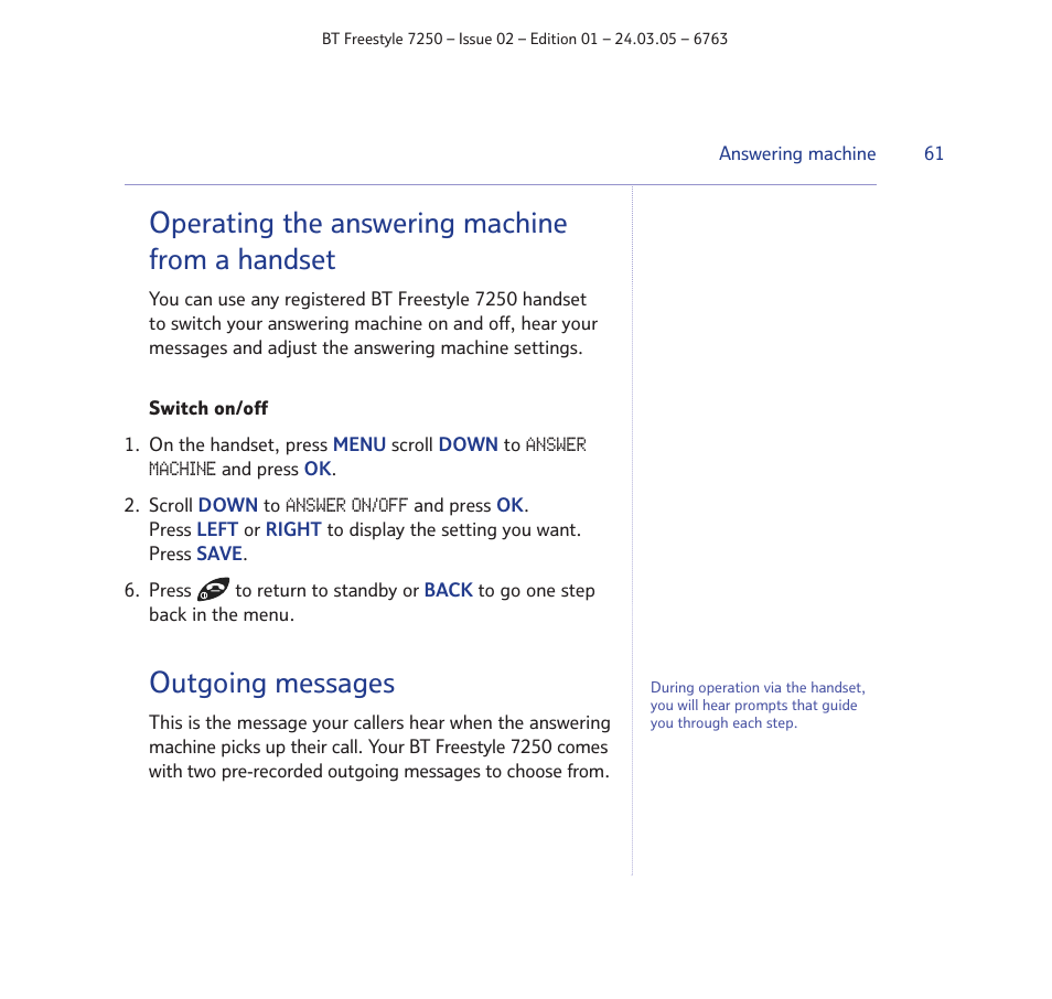 Operating the answering machine from a handset, Outgoing messages | BT FREESTYLE 7250 User Manual | Page 61 / 88