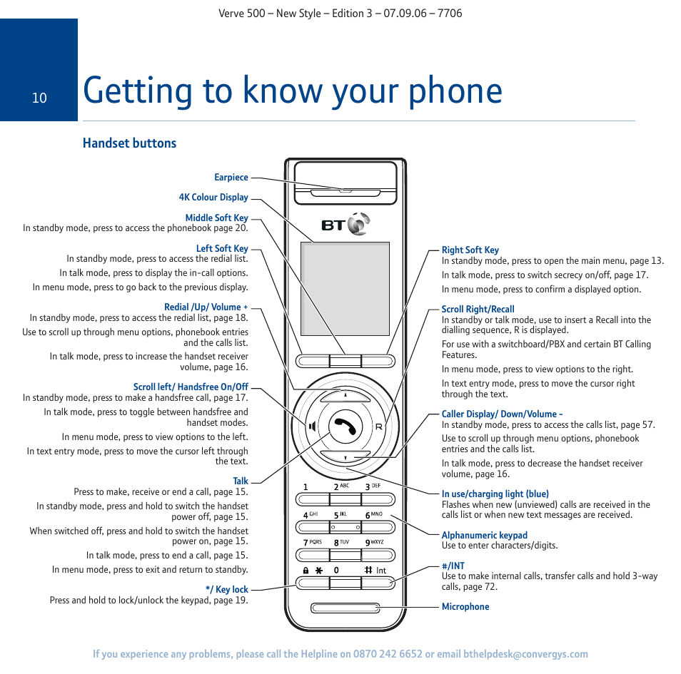 Getting to know your phone, Handset buttons | BT 500 User Manual | Page 10 / 86