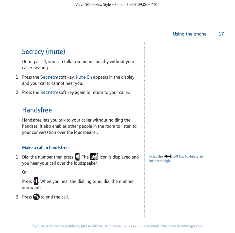 Secrecy (mute), Handsfree | BT 500 User Manual | Page 17 / 86