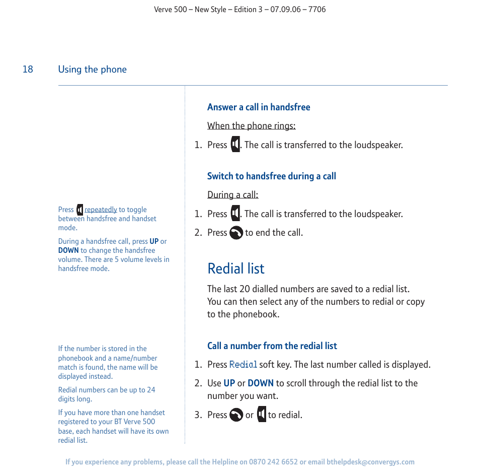 Redial list | BT 500 User Manual | Page 18 / 86