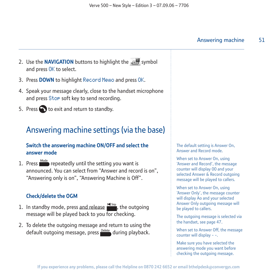 Answering machine settings (via the base) | BT 500 User Manual | Page 51 / 86