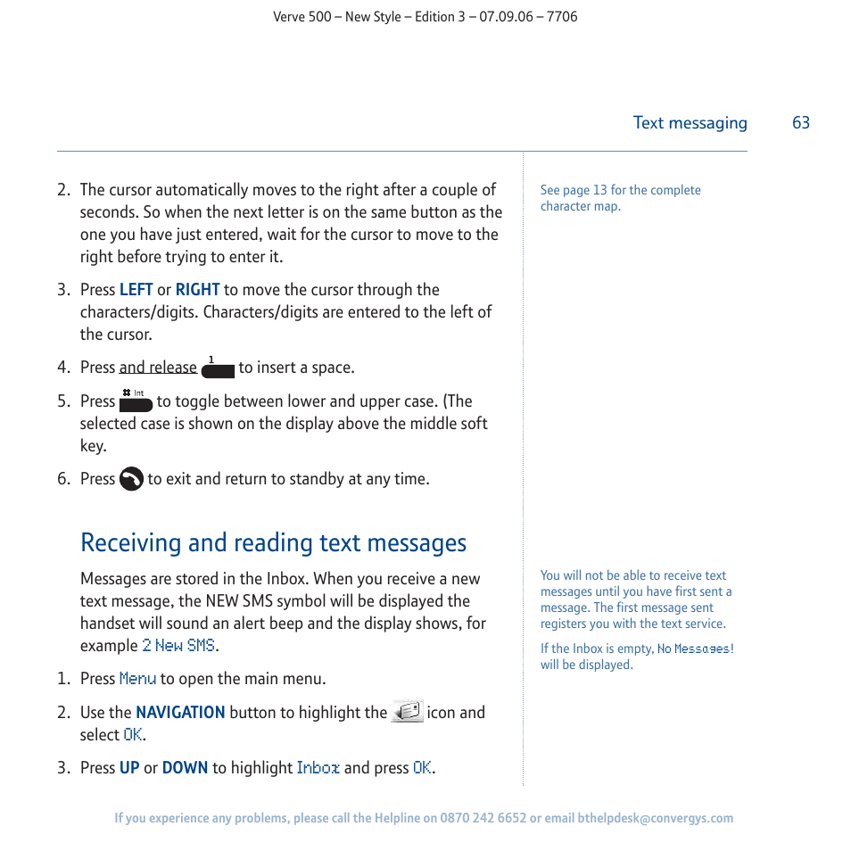 Receiving and reading text messages | BT 500 User Manual | Page 63 / 86