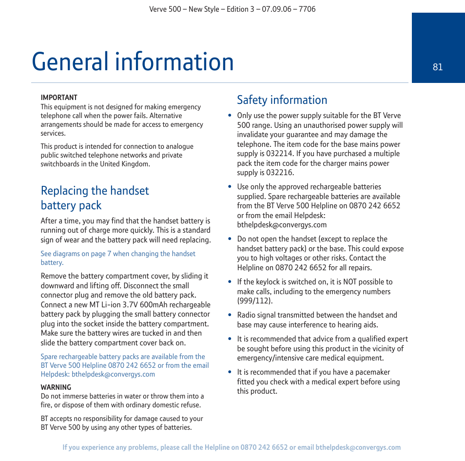 General information, Replacing the handset battery pack, Safety information | BT 500 User Manual | Page 81 / 86