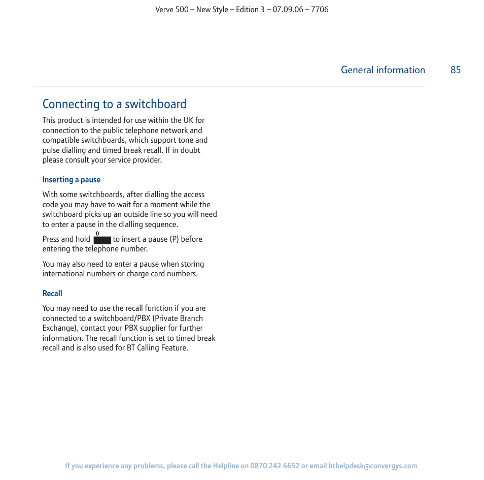 Connecting to a switchboard | BT 500 User Manual | Page 85 / 86