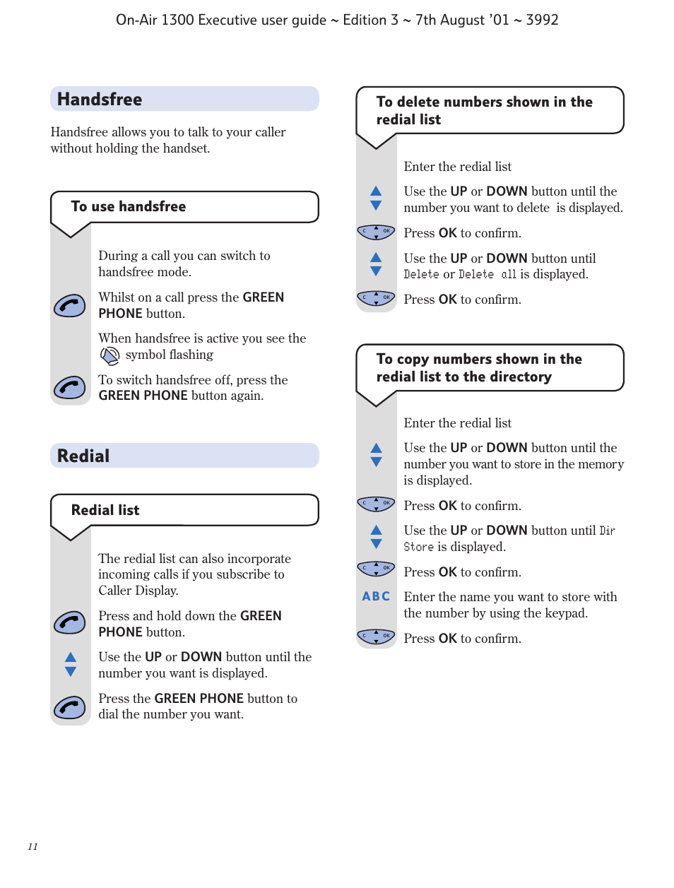 Handsfree, Redial, Redial list | BT 1300 Executive User Manual | Page 12 / 41