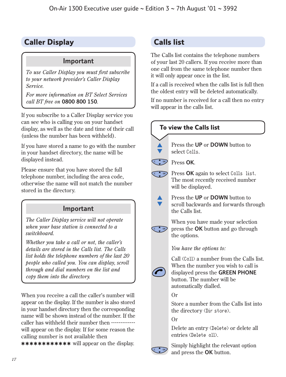 Calls list, Caller display, Important | BT 1300 Executive User Manual | Page 18 / 41