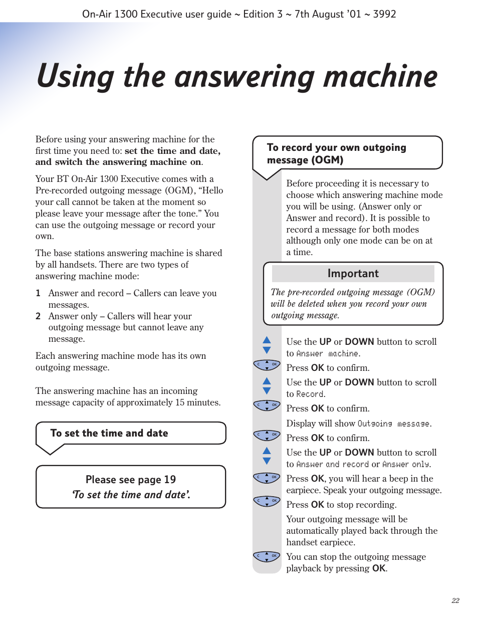 Using the answering machine, Important, Please see page 19 ‘to set the time and date | BT 1300 Executive User Manual | Page 23 / 41