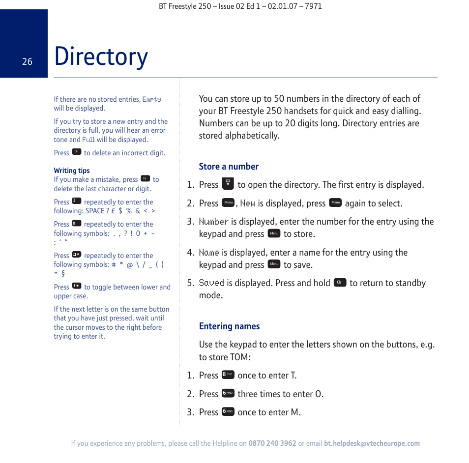 Directory, Number, Name | Saved | BT Freestyle 250 User Manual | Page 26 / 72