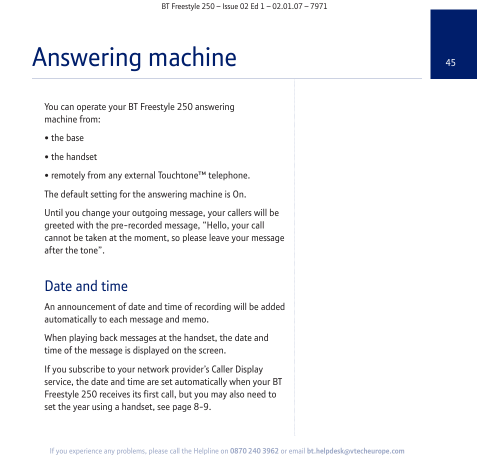 Answering machine, Date and time | BT Freestyle 250 User Manual | Page 45 / 72