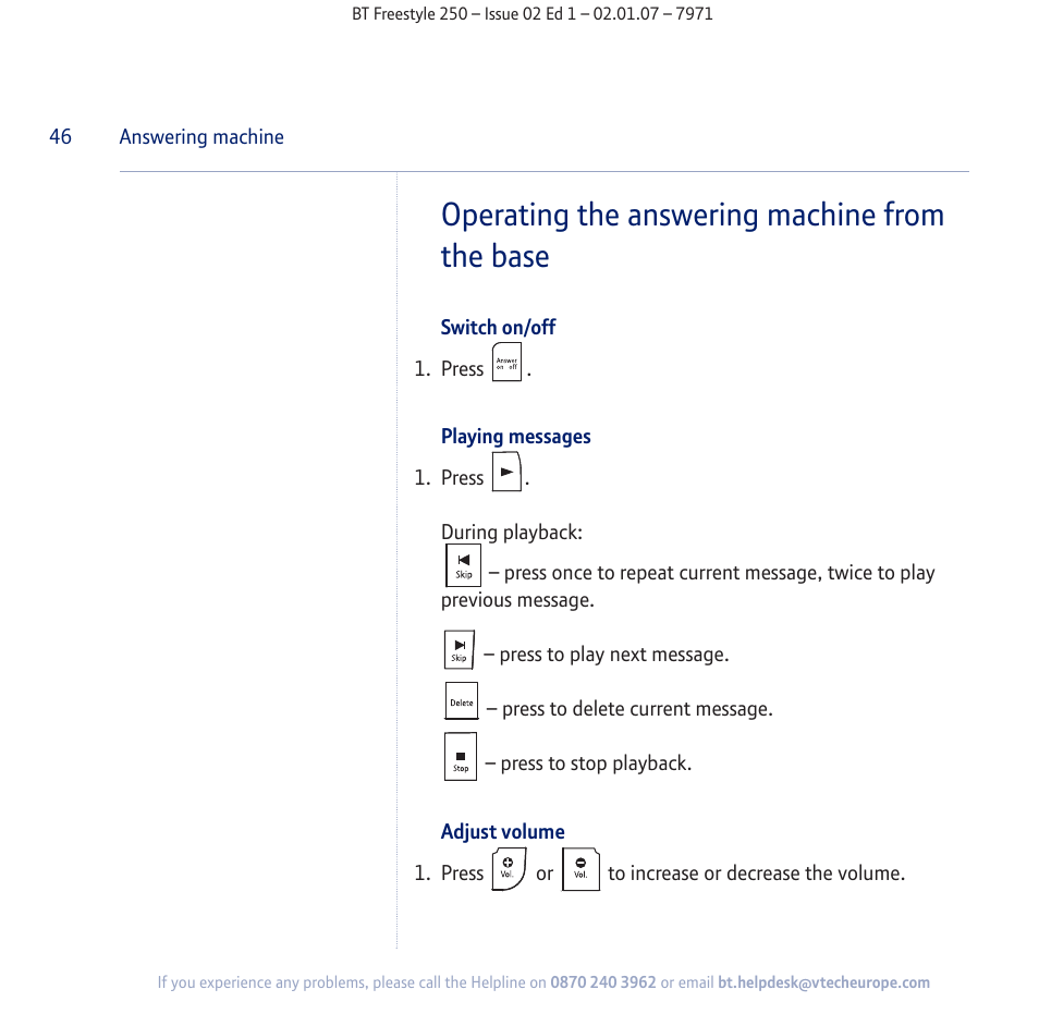 Operating the answering machine from the base | BT Freestyle 250 User Manual | Page 46 / 72