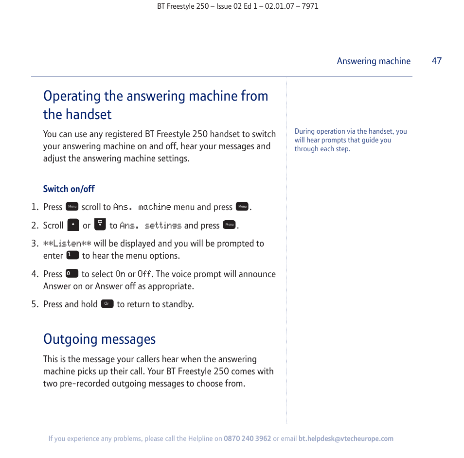 Operating the answering machine from the handset, Outgoing messages | BT Freestyle 250 User Manual | Page 47 / 72
