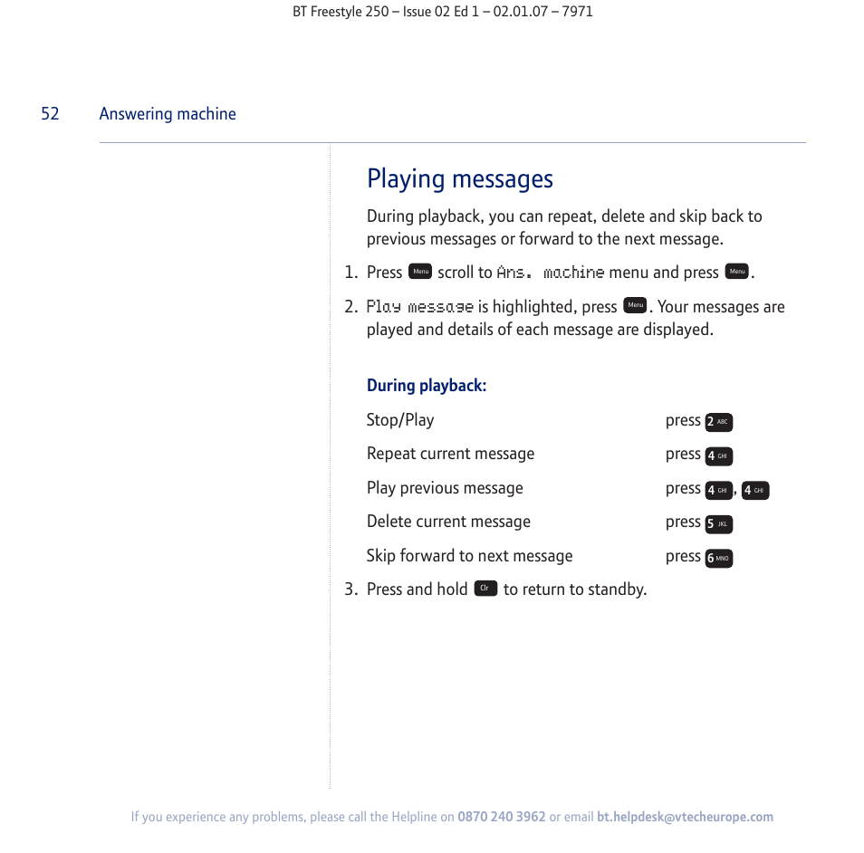 Playing messages, Ans. machine, Play message | Menu and press . 2, 52 answering machine | BT Freestyle 250 User Manual | Page 52 / 72