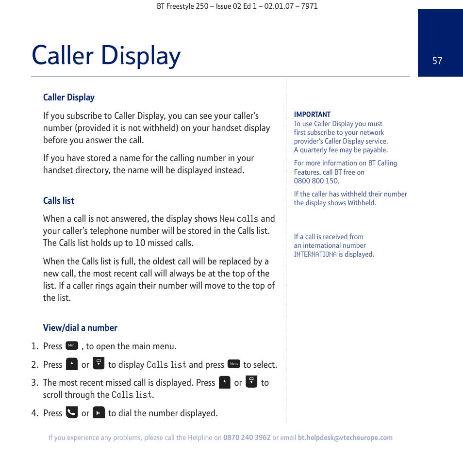 Caller display | BT Freestyle 250 User Manual | Page 57 / 72