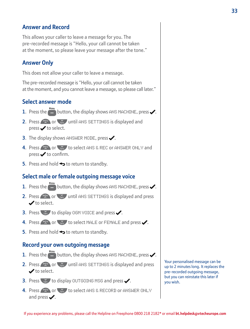 Answer and record, Answer only, Select answer mode | Select male or female outgoing message voice, Record your own outgoing message | BT STUDIO 4500 User Manual | Page 33 / 50