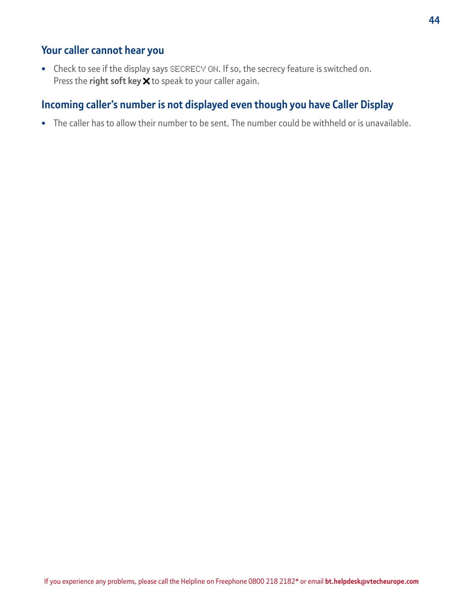 Your caller cannot hear you | BT STUDIO 4500 User Manual | Page 44 / 50