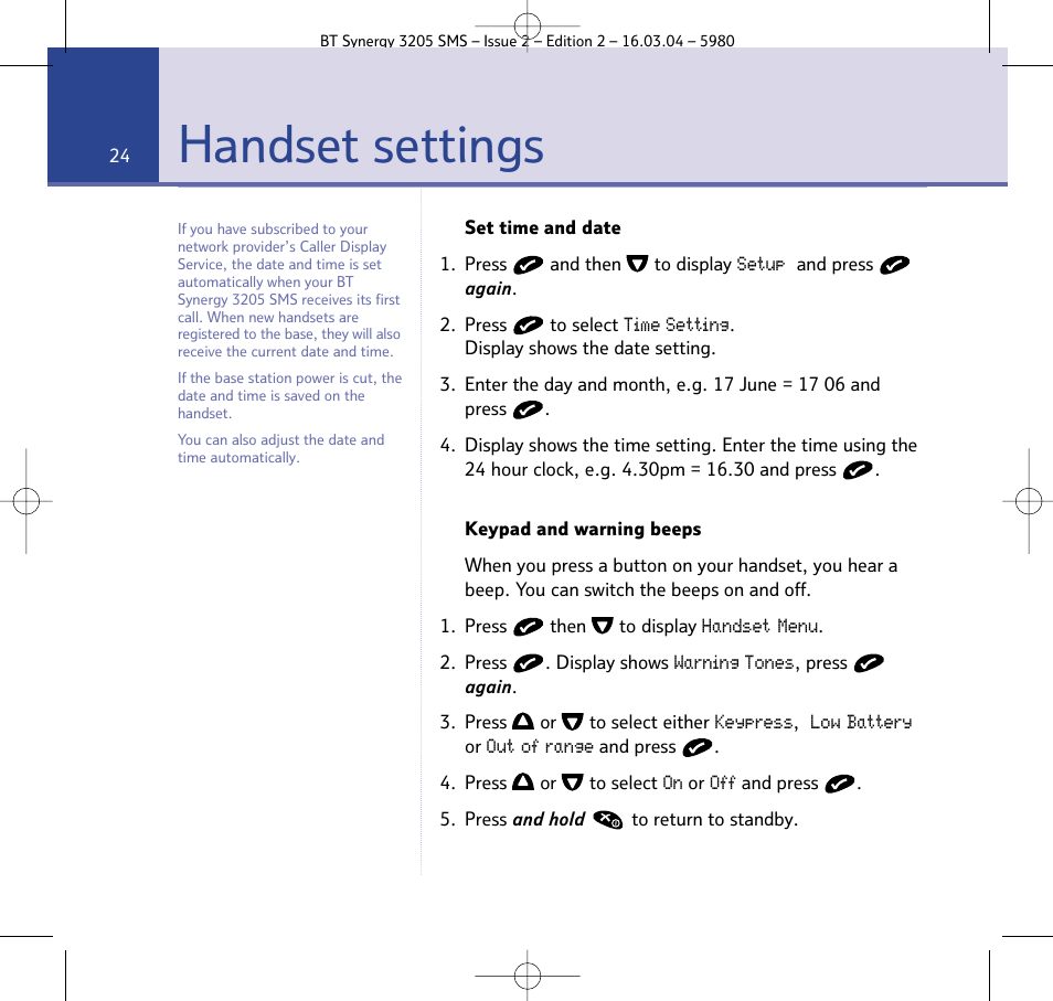 Handset settings | BT 3205 User Manual | Page 24 / 68
