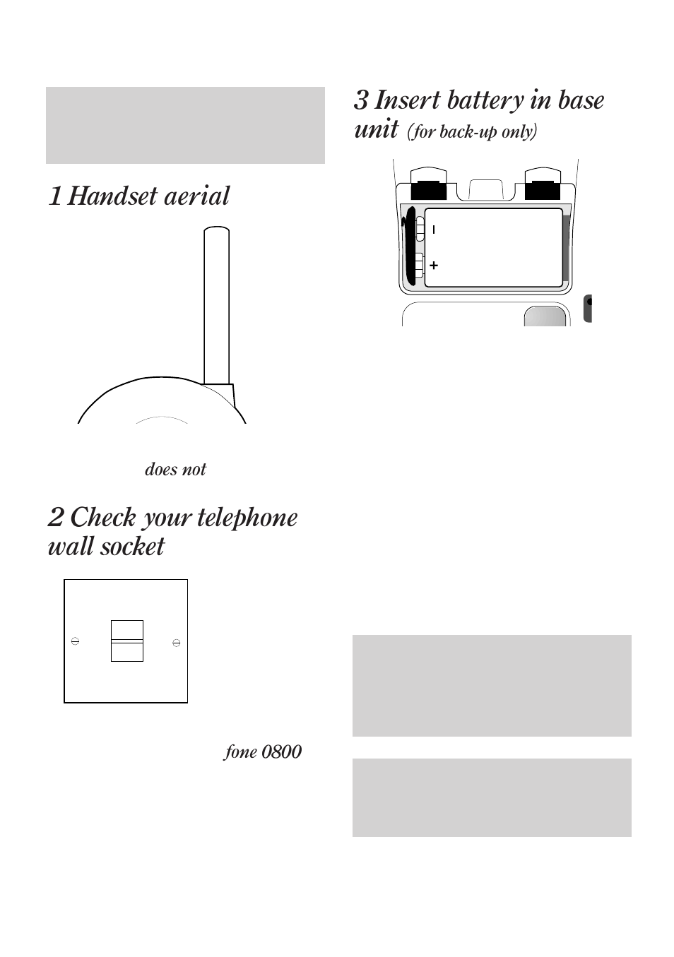 3 insert battery in base unit, 1 handset aerial, 2 check your telephone wall socket | BT Freestyle 130 User Manual | Page 8 / 38