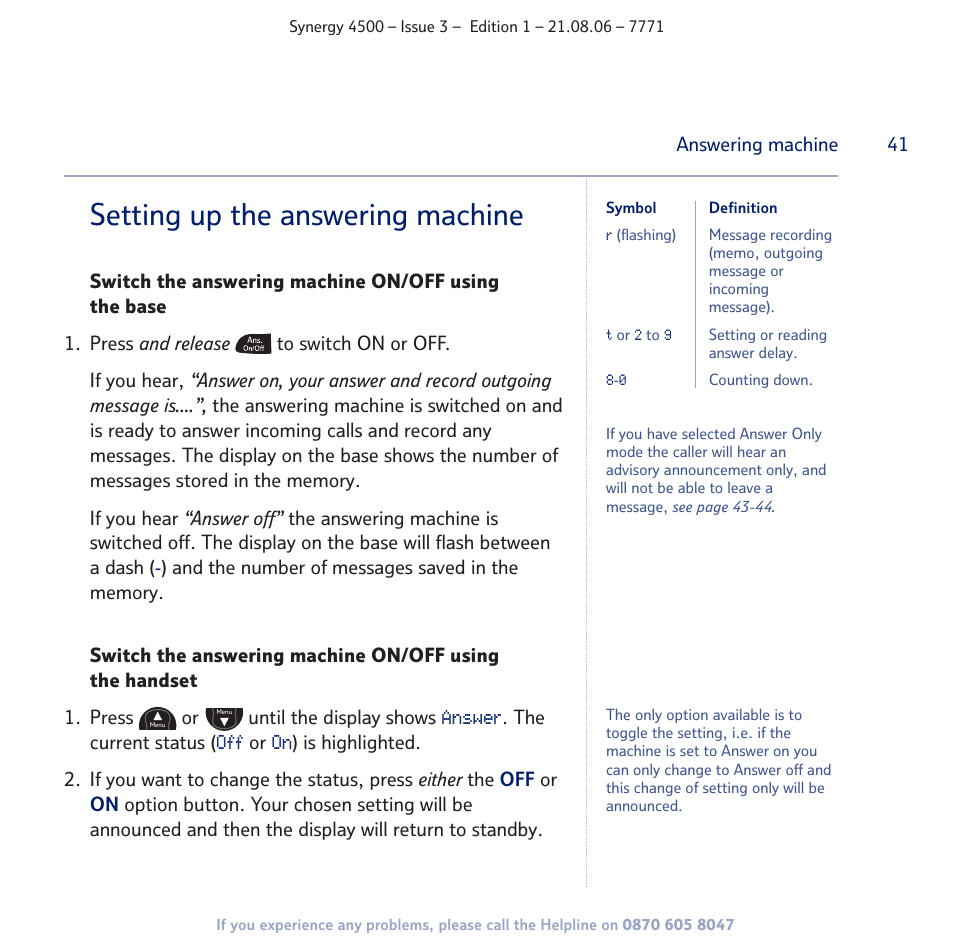 Setting up the answering machine | BT SYNERGY 4500 User Manual | Page 41 / 100