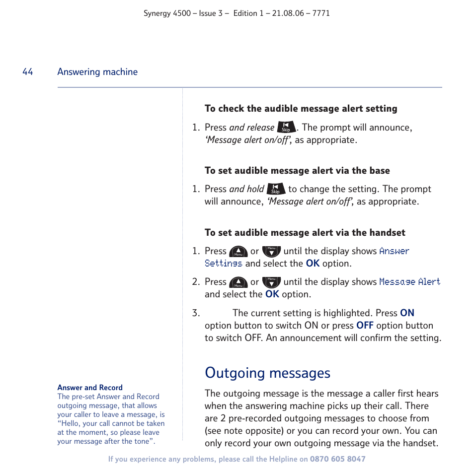 Outgoing messages | BT SYNERGY 4500 User Manual | Page 44 / 100
