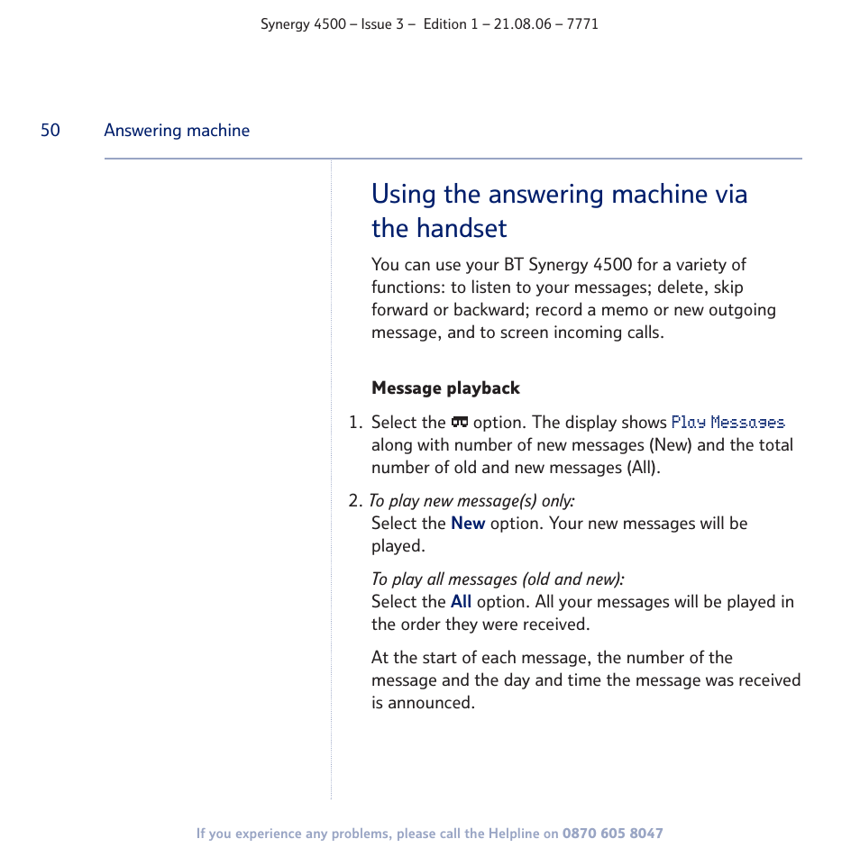 Using the answering machine via the handset | BT SYNERGY 4500 User Manual | Page 50 / 100