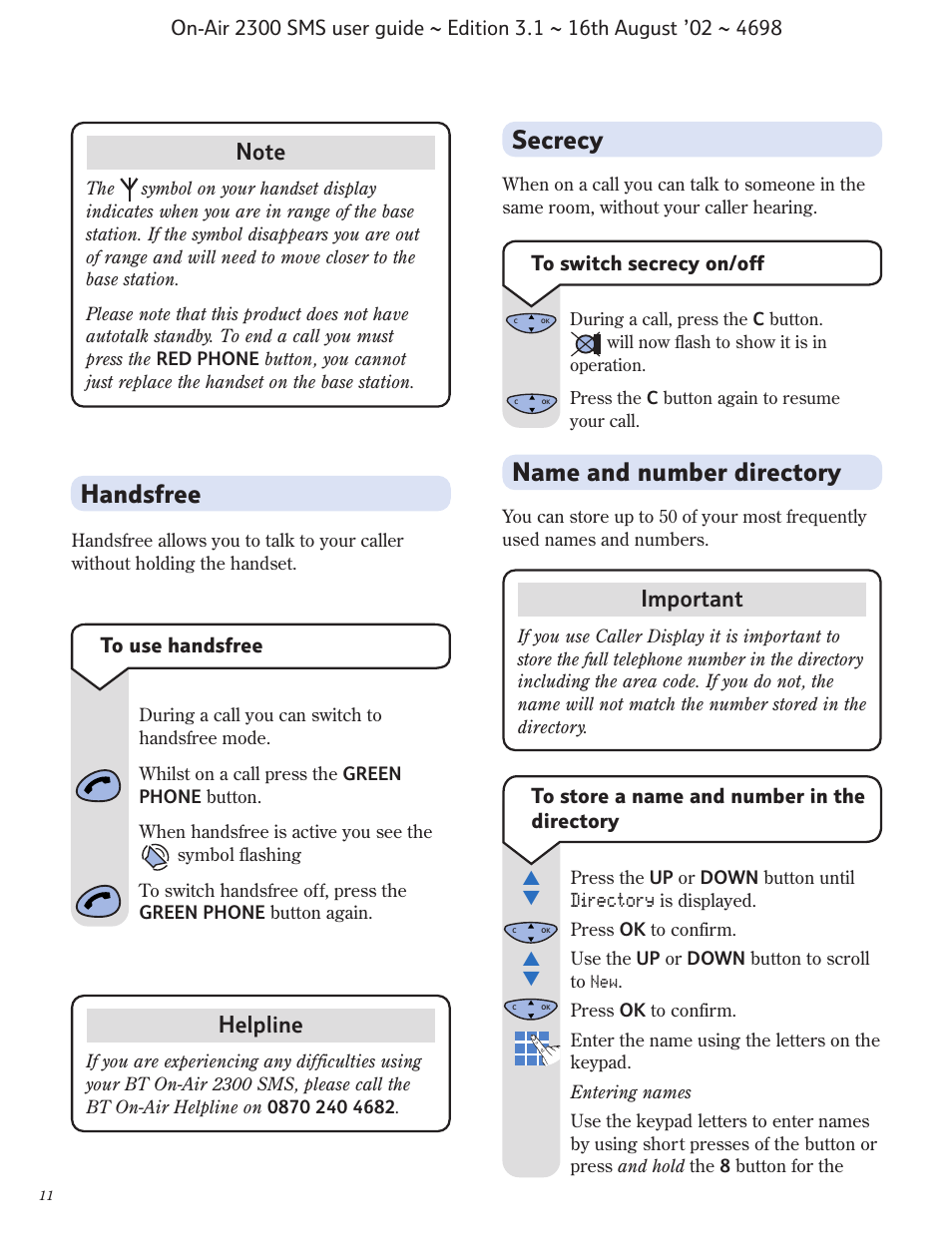 Secrecy, Name and number directory, Handsfree | Important, Helpline | BT studio 2300 SMS User Manual | Page 12 / 43