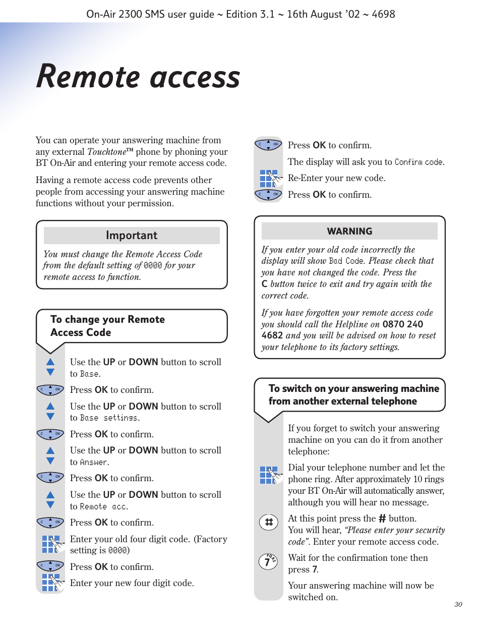 Remote access, Important | BT studio 2300 SMS User Manual | Page 31 / 43