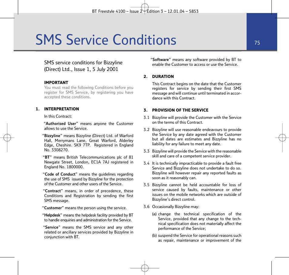 Sms service conditions | BT 4100 SMS User Manual | Page 75 / 81