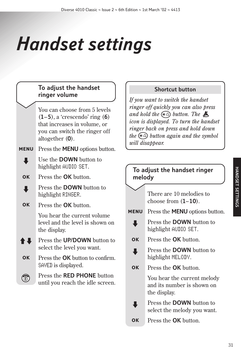 Handset settings | BT 4010 Classic User Manual | Page 33 / 49