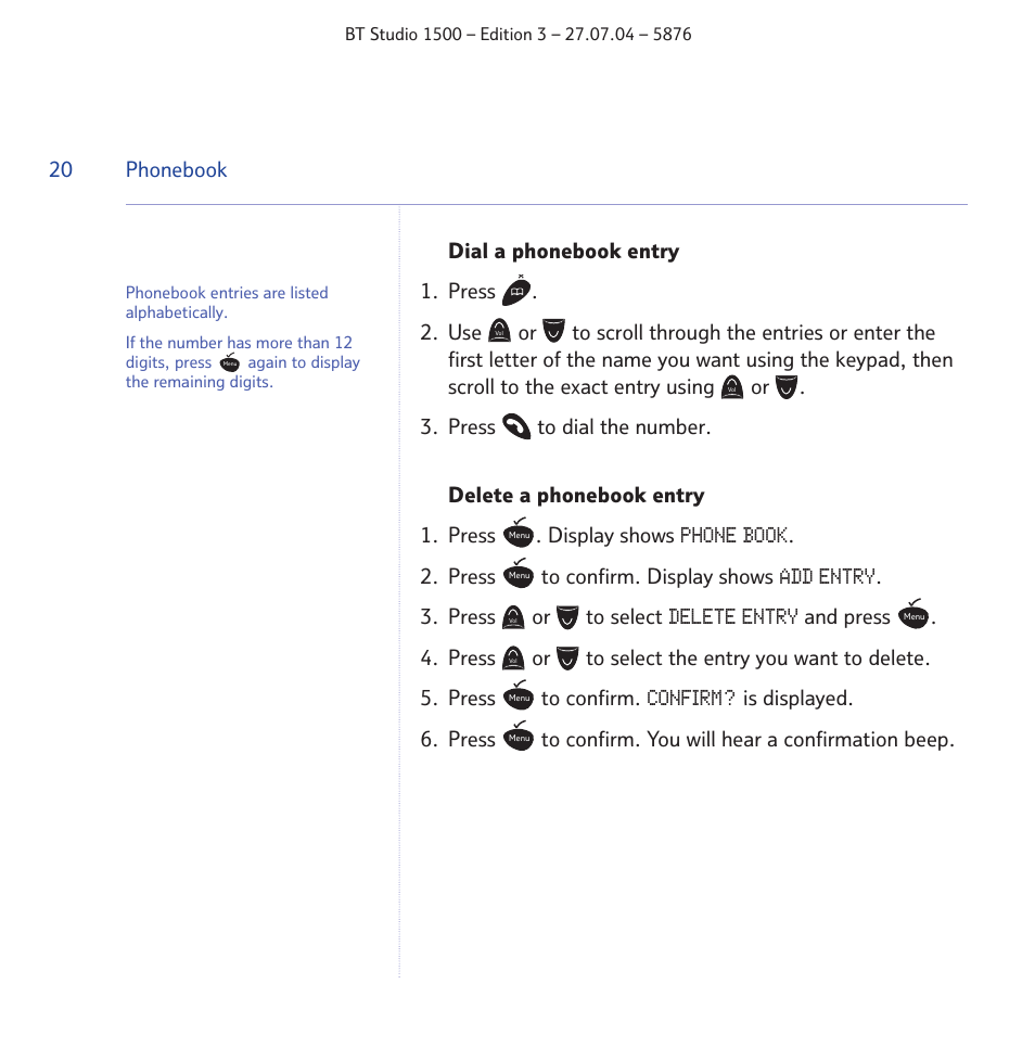 Phone book, Add entry, Delete entry | Confirm | BT STUDIO 1500 User Manual | Page 20 / 68