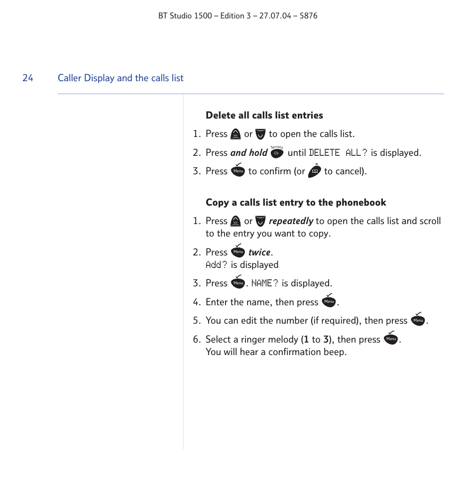 Delete all, Name | BT STUDIO 1500 User Manual | Page 24 / 68