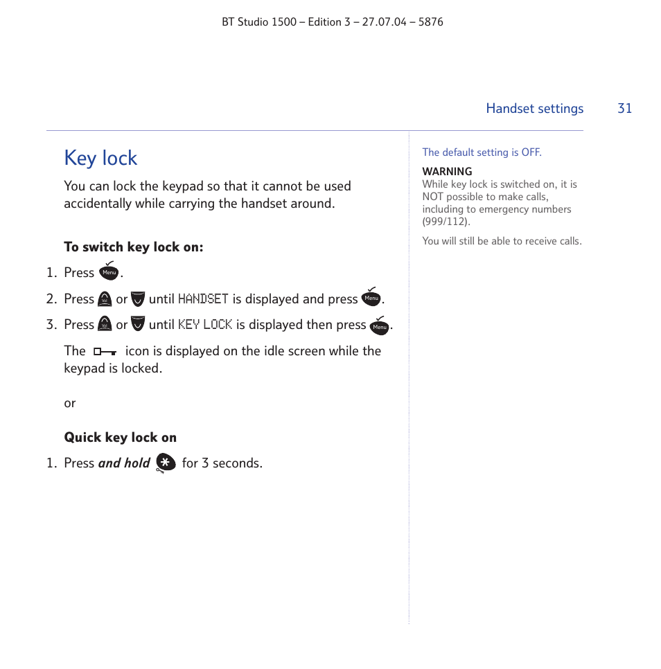 Key lock | BT STUDIO 1500 User Manual | Page 31 / 68