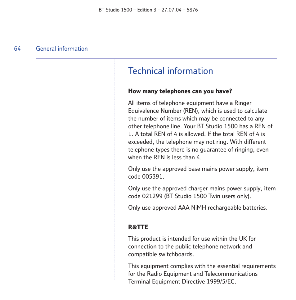 Technical information | BT STUDIO 1500 User Manual | Page 64 / 68