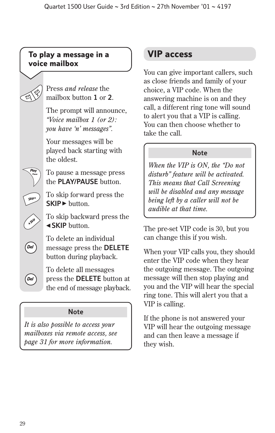 Vip access, Button. to skip backward press the | BT 1500 User Manual | Page 32 / 51