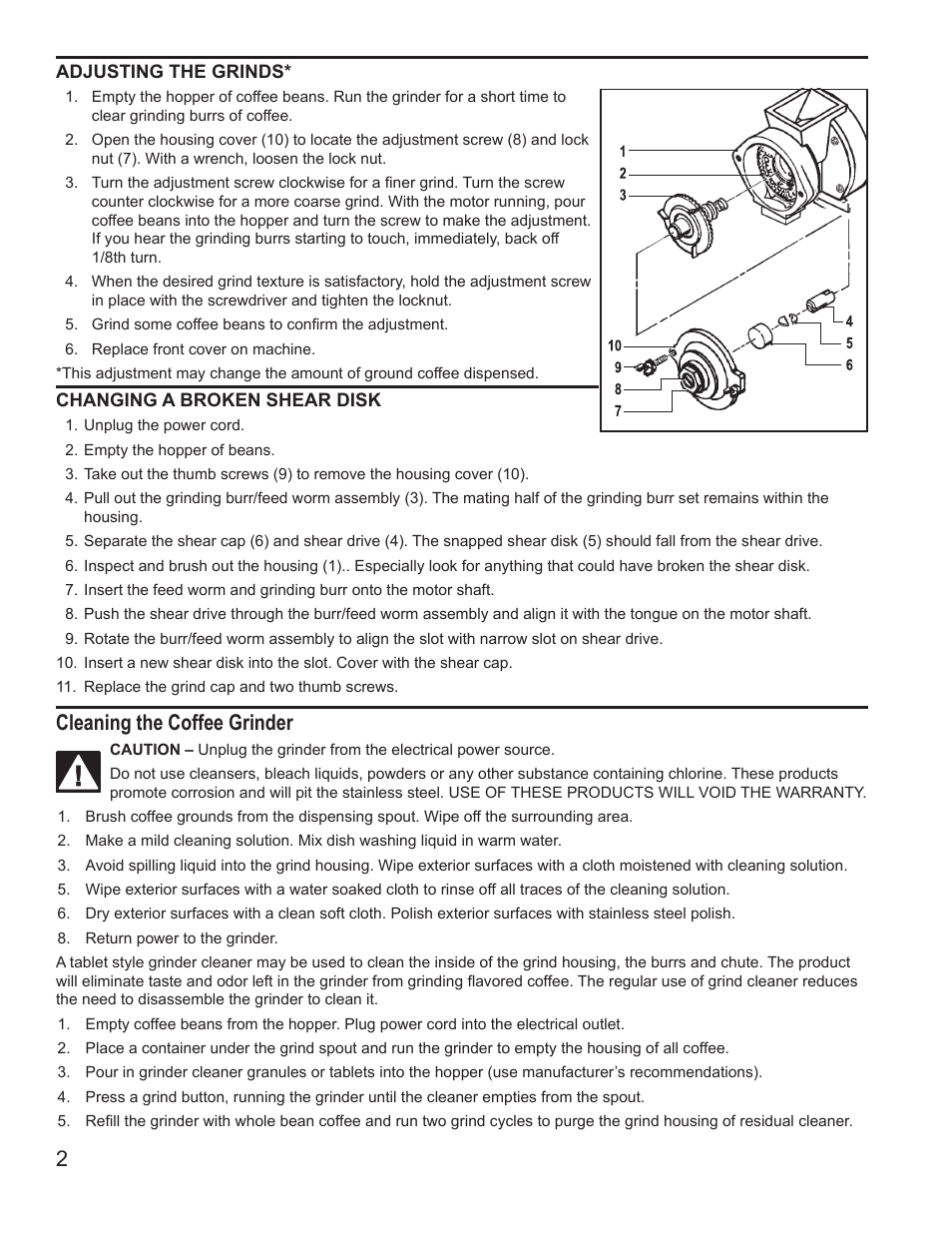 Cleaning the coffee grinder | Wilbur Curtis SHG User Manual | Page 2 / 8