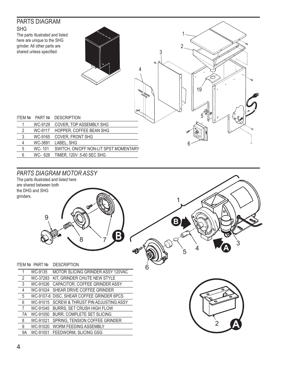 42 parts diagram, Parts diagram motor assy | Wilbur Curtis SHG User Manual | Page 4 / 8