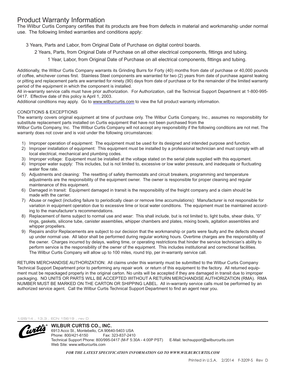 Product warranty information | Wilbur Curtis SHG User Manual | Page 8 / 8