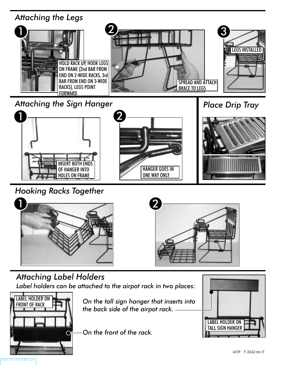 Attaching label holders, Hooking racks together, Attaching the legs attaching the sign hanger | Place drip tray | Wilbur Curtis Airpot Rack Assembly User Manual | Page 2 / 2