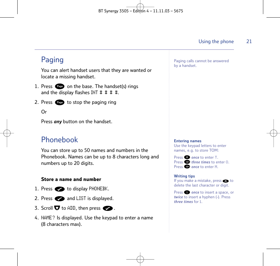 Paging, Phonebook | BT 3505 User Manual | Page 21 / 72