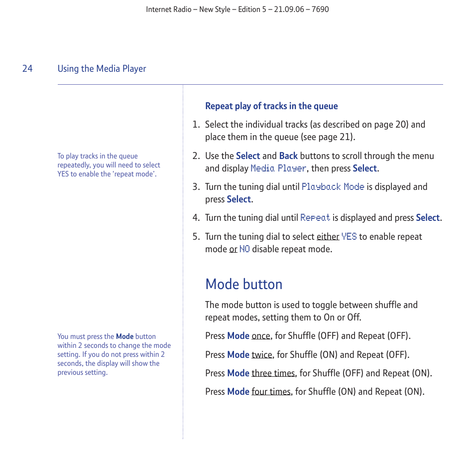 Mode button | BT Internet Radio User Manual | Page 24 / 40