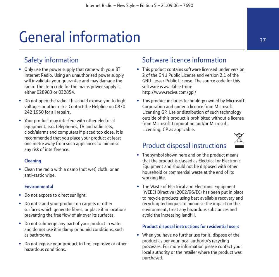 General information, Safety information, Software licence information | Product disposal instructions | BT Internet Radio User Manual | Page 37 / 40