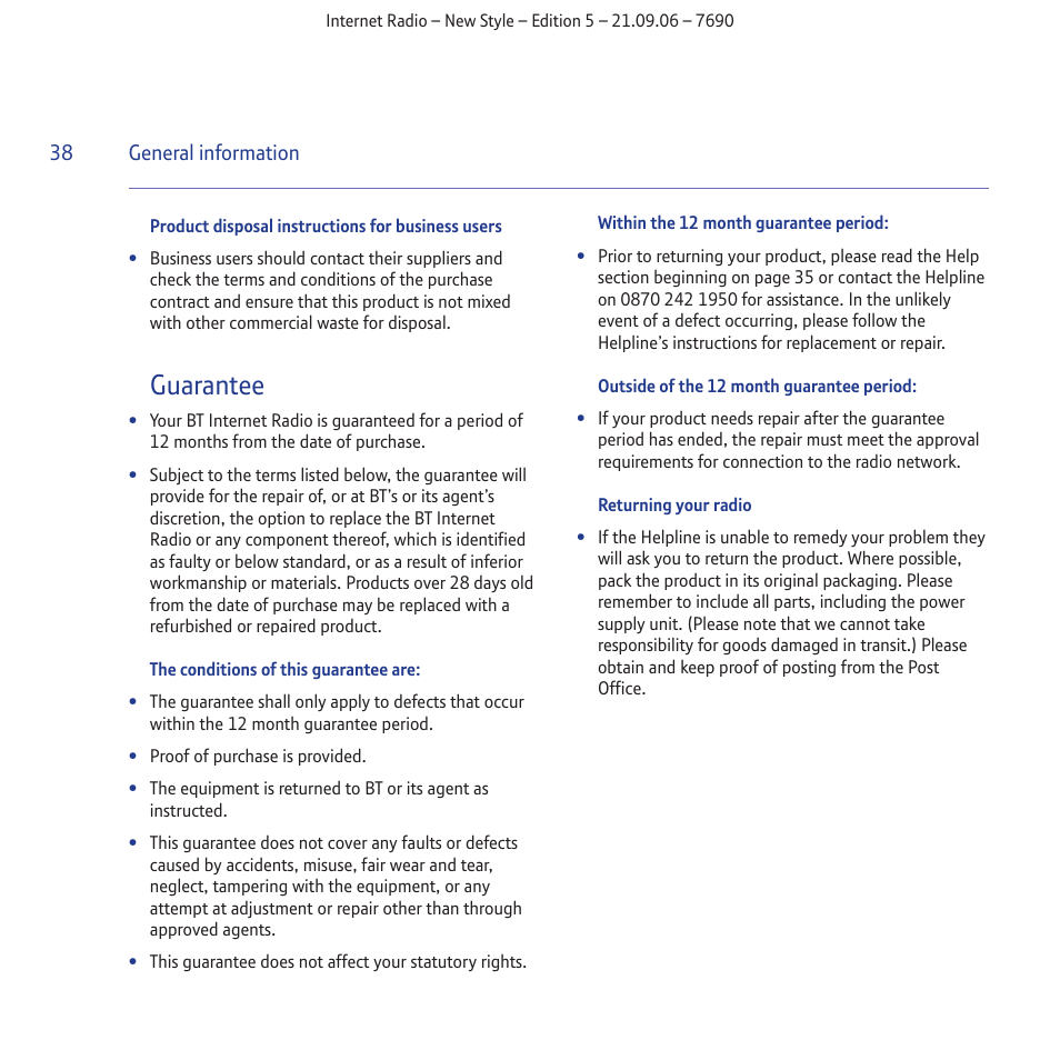 Guarantee | BT Internet Radio User Manual | Page 38 / 40