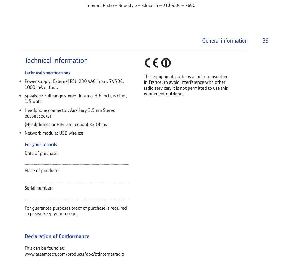 Technical information | BT Internet Radio User Manual | Page 39 / 40