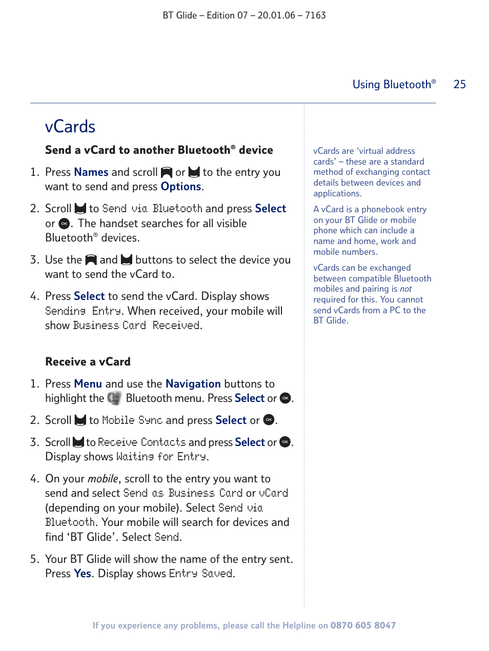 Vcards | BT Glide 7163 User Manual | Page 25 / 76