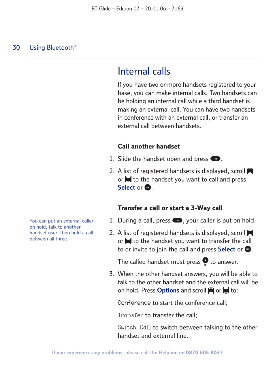Internal calls | BT Glide 7163 User Manual | Page 30 / 76