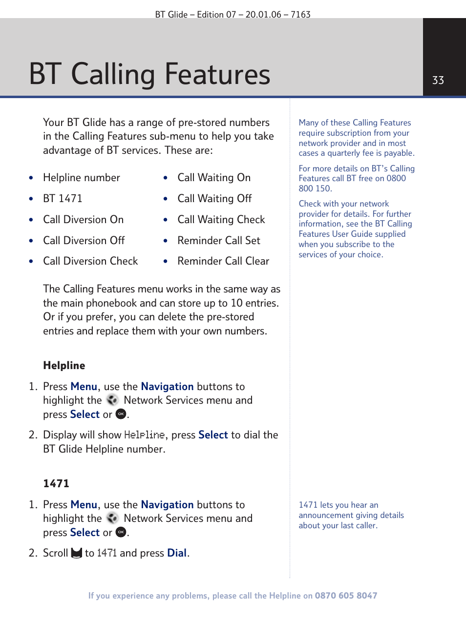 Bt calling features | BT Glide 7163 User Manual | Page 33 / 76