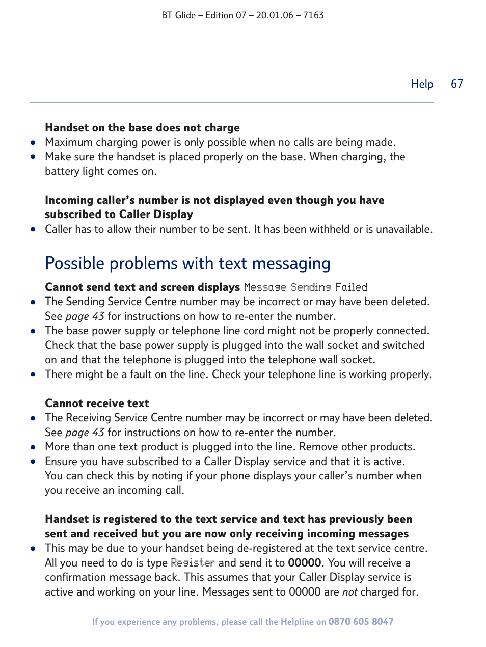 Possible problems with text messaging | BT Glide 7163 User Manual | Page 67 / 76