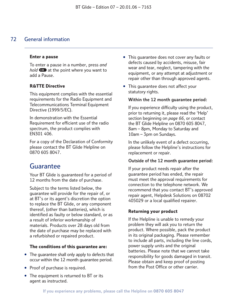 Guarantee | BT Glide 7163 User Manual | Page 72 / 76