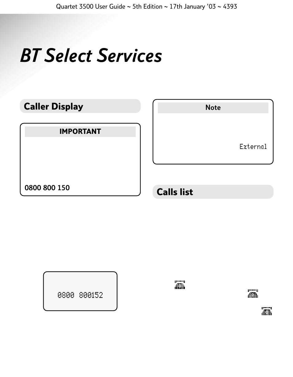 Bt select services, Caller display calls list | BT 3500 User Manual | Page 32 / 72