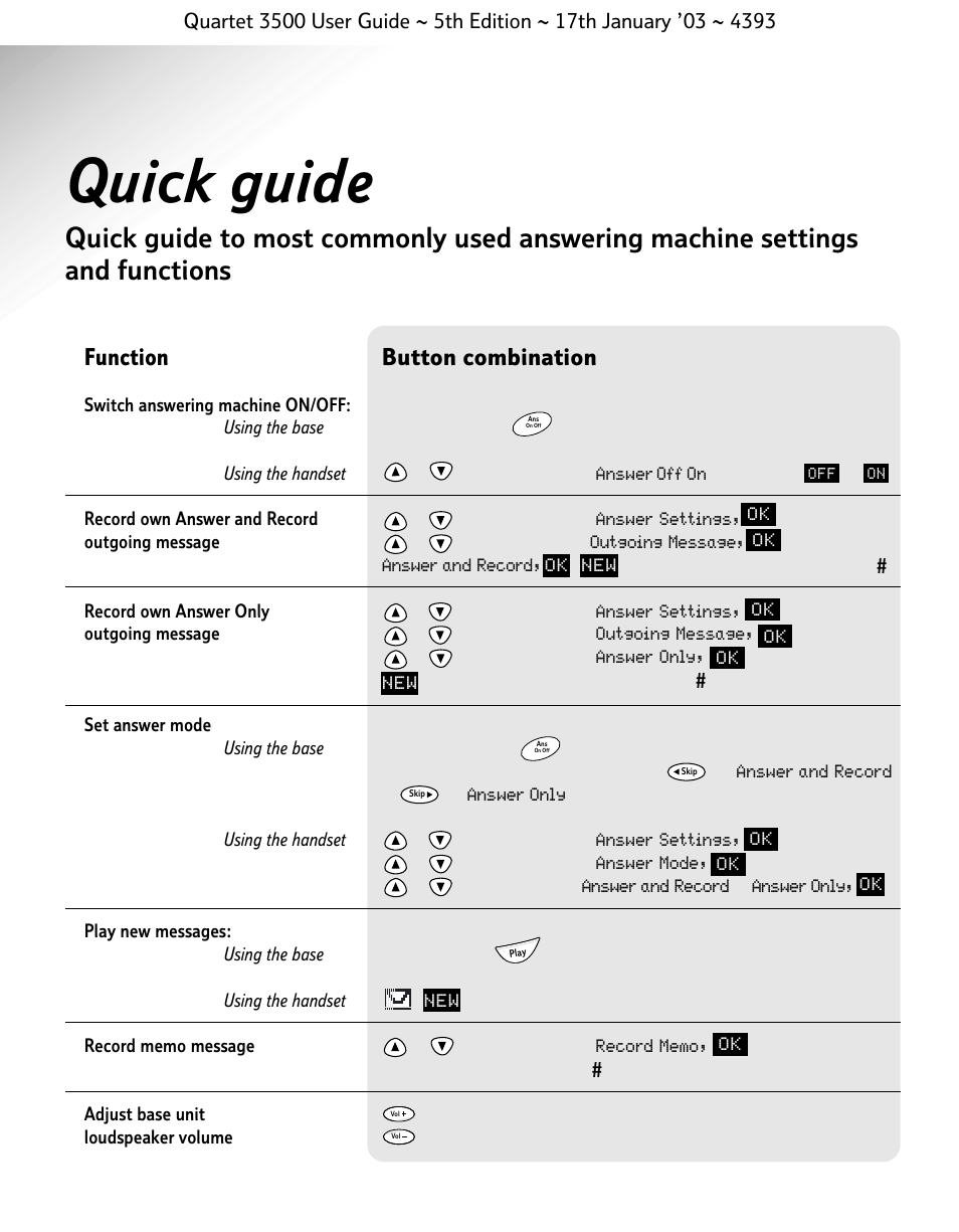 Quick guide, Function, Button combination | BT 3500 User Manual | Page 9 / 72