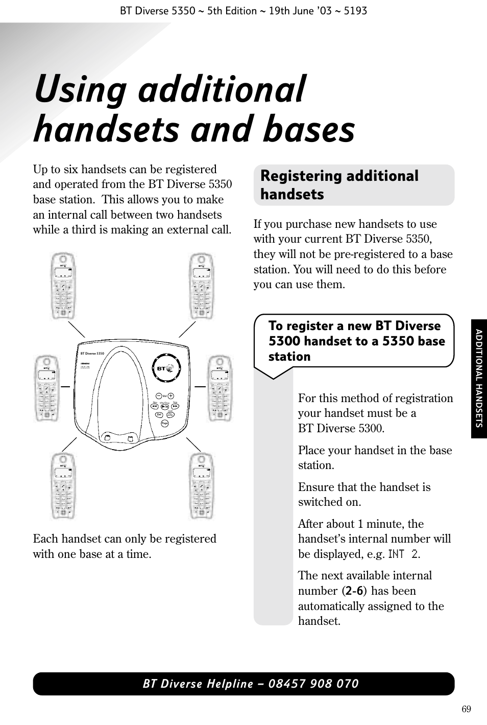 Using additional handsets and bases, Registering additional handsets, Int 2 | Additional handset s, Int menu | BT 5350 User Manual | Page 71 / 83